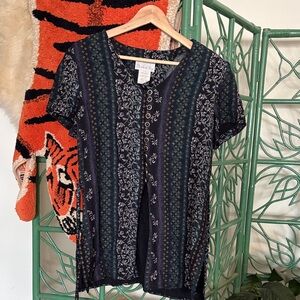 1990s Black and Blue Floral Blouse